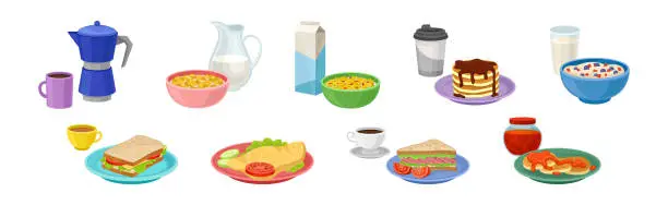 Vector illustration of Breakfast Meal and Tasty Served Morning Food and Drinks Vector Set