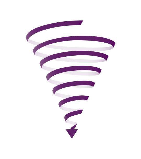 koncepcja fioletowej strzałki spiralnej w dół - moving down arrow sign symbol three dimensional shape stock illustrations