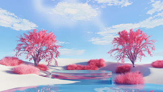 3d render Surreal dune landscape background with alone tree, abstract fantastic desert dune in seasoning landscape environment, panoramic, futuristic scene with copy space, blue sky and cloudy