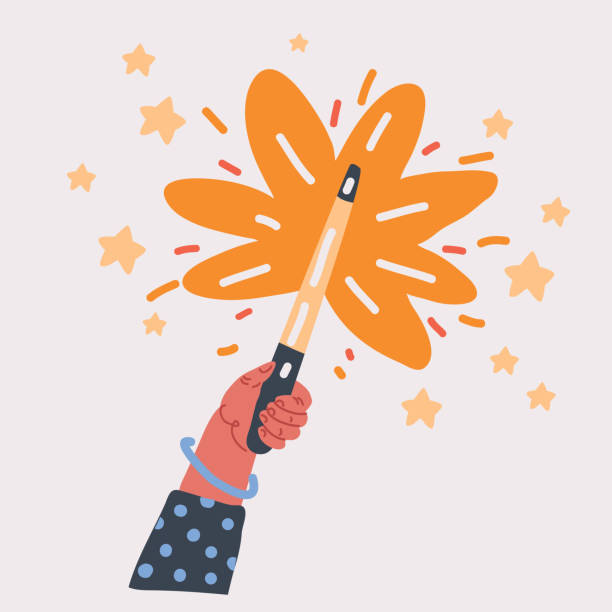 istock Vector illustraiton of Magic wand in hand sparkle in hand isolated on white. Magician holding miracle magical stick Wizard tool 1513154830