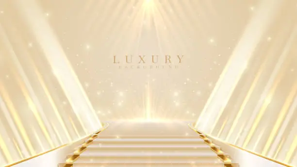 Vector illustration of Staircase screen with empty space for product showcase or awards ceremony decorated with spotlights and ambient bokeh effect and sparkling gold. Modern luxury background art.