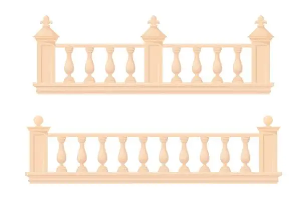 Vector illustration of Marble banister. Fence baluster of roman palace home mansion balcony in baroque style, railing parapet for stair european architecture