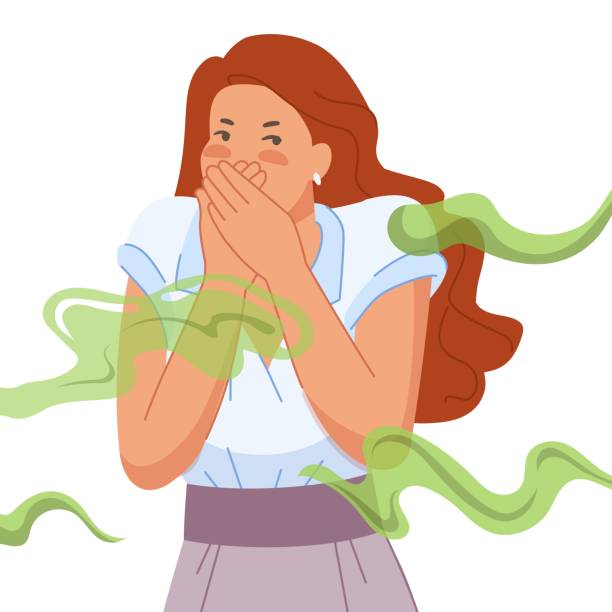 Woman bad smell. Girl cover nose and mouth from disgusted smelly odor, female disgust expression to unpleasant scent of fart stinky breath sweat or toxic smoke vector illustration Woman bad smell. Girl cover nose and mouth from disgusted smelly odor, female disgust expression to unpleasant scent of fart stinky breath sweat or toxic smoke vector illustration of smell girl clip art of a yuck mouth stock illustrations