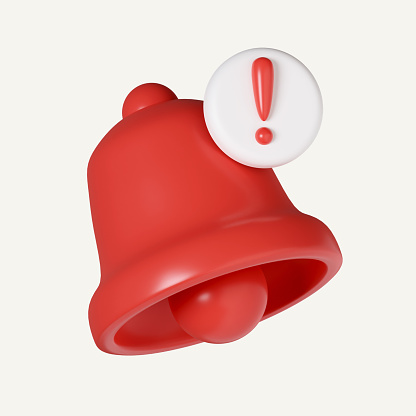 3d red danger attention bell. emergency notifications alert on rescue warning. icon isolated on white background. 3d rendering illustration. Clipping path..