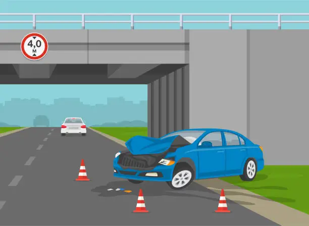 Vector illustration of Safe car driving. Traffic accident on motorway. Car collision with overpass wall.