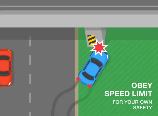 Vector illustration of Safe car driving tips and traffic regulation rules. Road accident on motorway. Top view of a car collision with overpass wall.