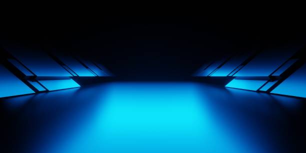 istock 3d rendering of blue light corridor hallway spaceship dark background. Scene for advertising, showroom, technology, future, modern, sport, game, metaverse. Sci Fi Illustration. Product display 1513222371