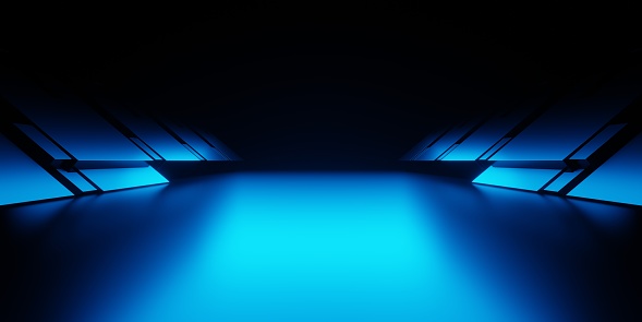 3d rendering of blue light corridor hallway spaceship dark background. Scene for advertising, showroom, technology, future, modern, sport, game, metaverse. Sci Fi Illustration. Product display