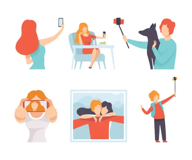 Vector illustration of Young Man and Woman Taking Selfie with Smartphone Camera Vector Set