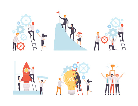 Office Colleague Working Together Spinning Gear and Climbing Mountain Top Vector Set. Business Man and Woman Engaged in Teamwork and Mutual Cooperation Concept