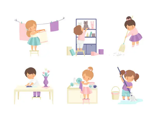 Vector illustration of Cute kids doing housework chores set. Little boys and girls sweeping and mopping floor, washing dishes cartoon vector illustration