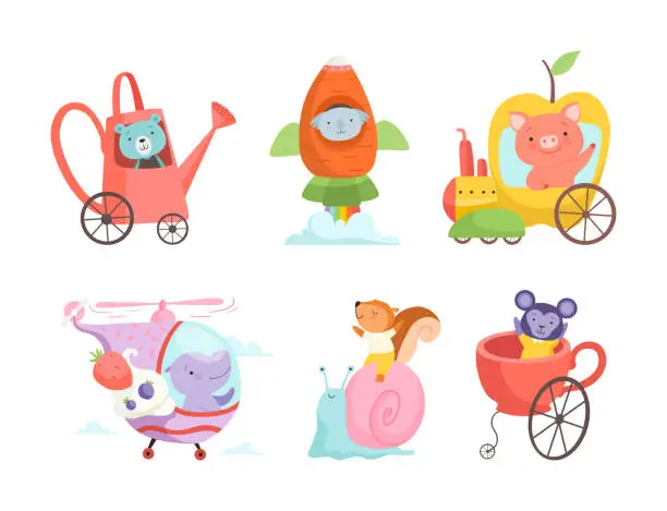 Vector illustration of Cute baby animals using vehicles set. Bear, koala, pig, hippo, squirrel, monkey riding car and carriage cartoon vector illustration