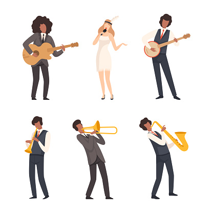 Set of jazz band musicians performing with musical instruments and singing cartoon vector illustration isolated on white