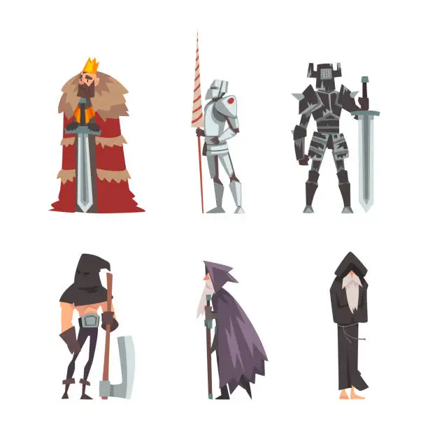 Vector illustration of Medieval historical characters set. Majestic king, executioner, wizard and knight cartoon vector illustration