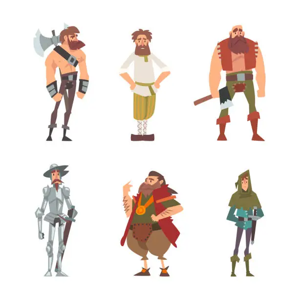 Vector illustration of Medieval historical characters set. Peasant, king, knight, warrior cartoon vector illustration