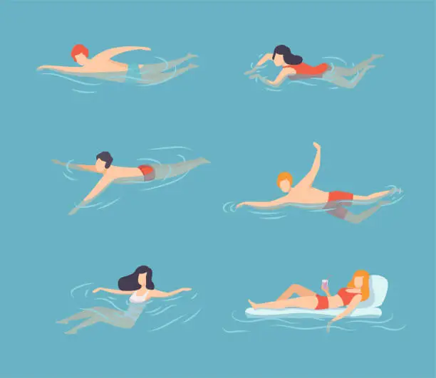 Vector illustration of People swimming in water set. Men and women swimming and relaxing in pool, sea at summer vacation flat vector