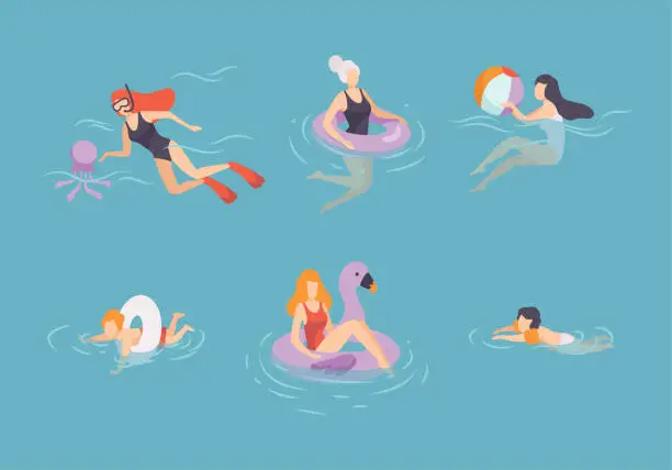 Vector illustration of People swimming in water set. Men, women and kids swimming and floating in pool, sea at summer vacation flat vector