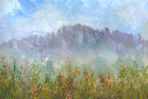 summer foggy morning in the forest, painted with one wide brush, oil painting