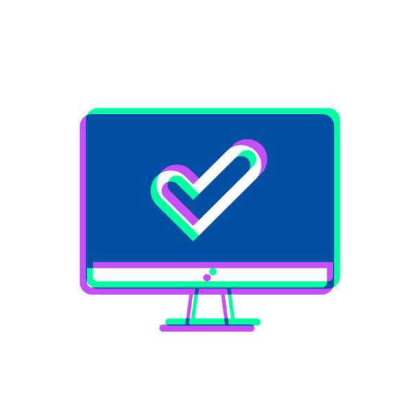 ilustrações de stock, clip art, desenhos animados e ícones de desktop computer with check mark. icon with two color overlay on white background - check mark digital composite blue computer icon