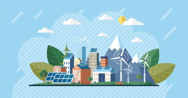 Vector illustration of Solar panels wind turbines or alternative sources of energy. Eco friendly, sustainable. Smart city