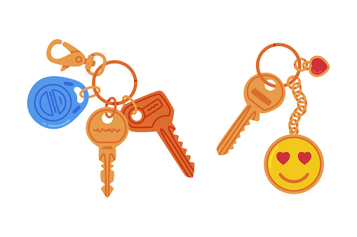 Trinket with Key Hanging with Keychain or Keyring Vector Set. Key Fob with Small Piece of Metal for Door Lock