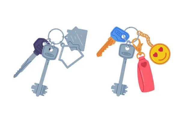 Vector illustration of Trinket with Key Hanging with Keychain or Keyring Vector Set