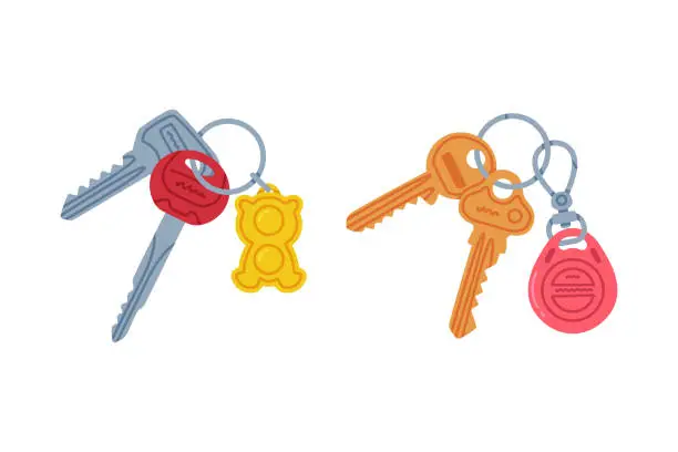 Vector illustration of Trinket with Key Hanging with Keychain or Keyring Vector Set