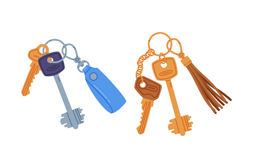 Trinket with Key Hanging with Keychain or Keyring Vector Set. Key Fob with Small Piece of Metal for Door Lock