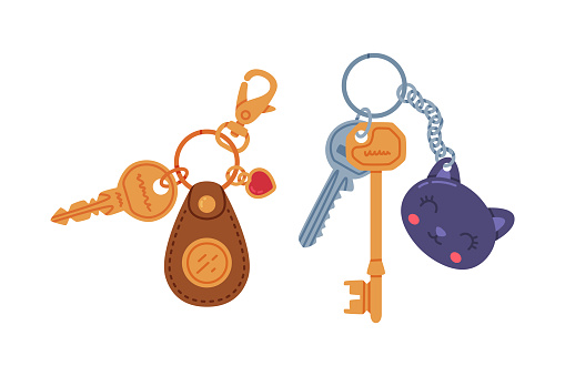 Trinket with Key Hanging with Keychain or Keyring Vector Set. Key Fob with Small Piece of Metal for Door Lock