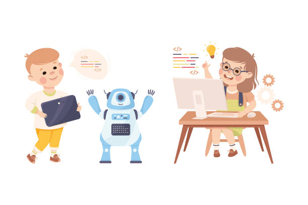 Little Boy and Girl Writing Code and Engineering Smart Technology and Artificial Intelligence Vector Set Little Boy and Girl Writing Code and Engineering Smart Technology and Artificial Intelligence Vector Set. Clever Child Engaged in Cybernetics Study and Science child robot class stock illustrations