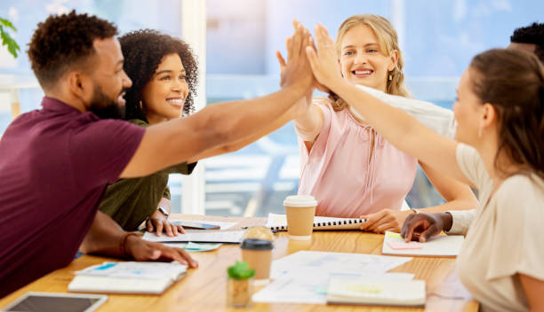istock High five, success or global business collaboration in teamwork with kpi paper, target audience research or documents. Happy smile and excited diversity office people with marketing b2b goal and deal 1513271008