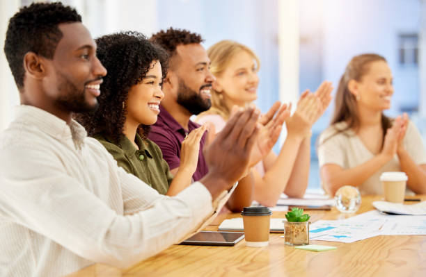 istock Clapping, success and global business workshop, teamwork collaboration or meeting training for happy creative people. Smile or excited diversity workers in office motivation and strategy presentation 1513271549