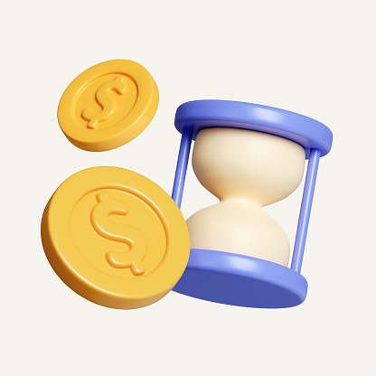 3d Time value of money concept with hourglass and coin stacks. time management. long term investment. payment deadline. icon isolated on white background. 3d rendering illustration. Clipping path..