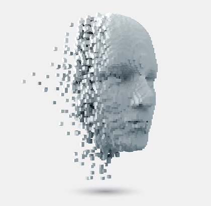 3D illustration of a human head constructed by cubes. Visual representation of identity created by artificial intelligence. Machine learning concept.