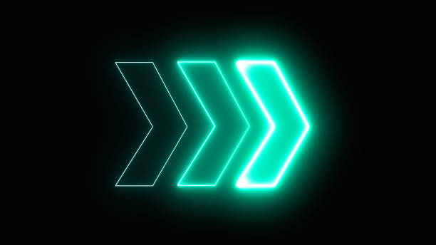 istock Neon glowing arrow pointer on dark background. Colorful and shining retro light sign. 3D rendering of glowing neon arrows on a black background. Flashing direction indicators. 1513323580