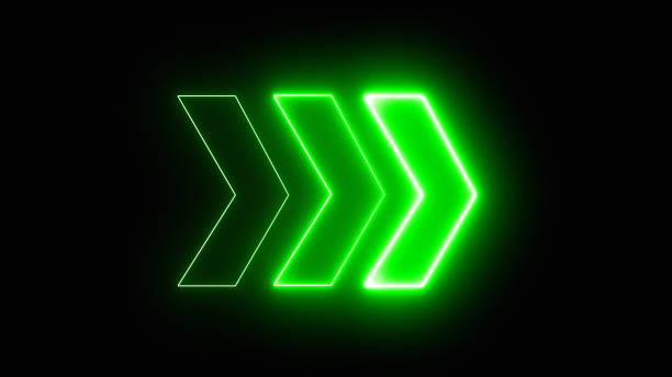 istock Bright green neon light arrows pointing to the right. 3D rendering of glowing neon arrows on a black background. Flashing direction indicators. 1513326740