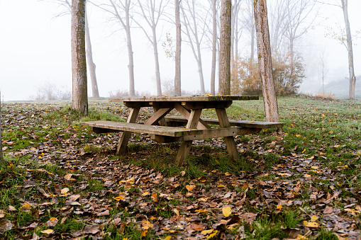 In an outdoor park on the bank of a river, on an autumn morning with dense fog that prevents seeing the horizon, a wooden table with seats has on top of it the dry leaves of trees fallen during the fall.