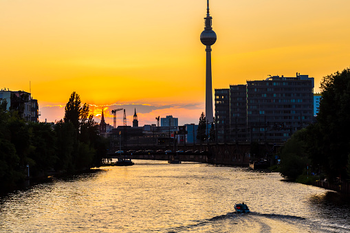 Skyline Berlin with River Spree at sunset