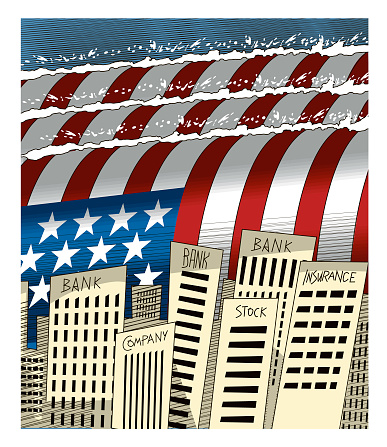 Vector The US Flag is Coming like a Tsunami Wave on Banks, Stock exchanges and Corporate Buildings