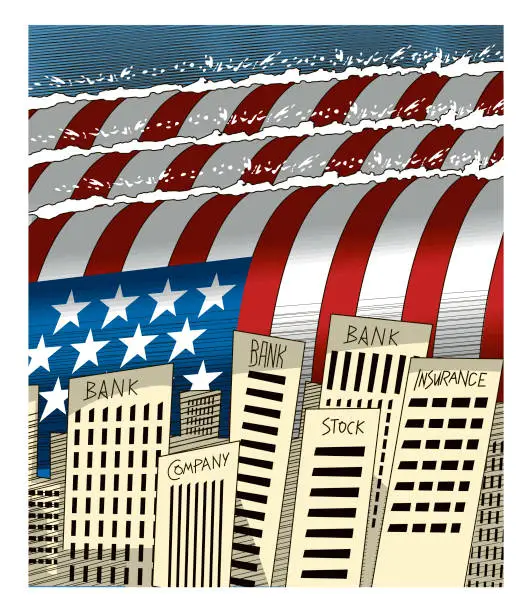 Vector illustration of tsunami effect of the US on the economy and financial markets