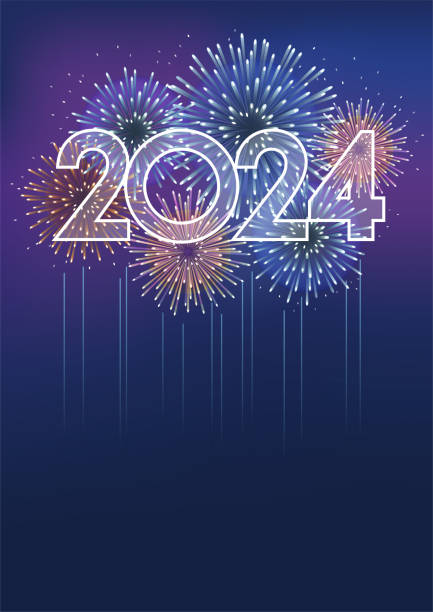 illustrazioni stock, clip art, cartoni animati e icone di tendenza di il logo dell'anno 2024 e fuochi d'artificio con spazio di testo su uno sfondo scuro. - capodanno