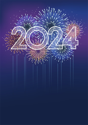 The Year 2024 Logo And Fireworks With Text Space On A Dark Background. Vector illustration Celebrating The New Year.