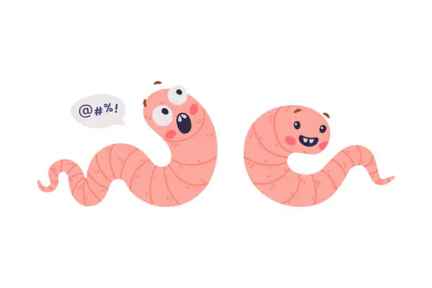 Vector illustration of Funny Pink Worm Character with Long Tube Body Crawling and Shouting with Fear Vector Set