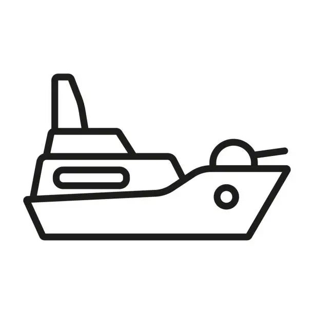 Vector illustration of frigate warship line icon. military ship symbol.