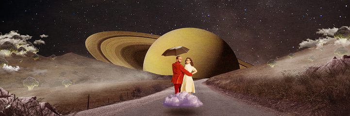 Contemporary art collage. Man in red suit walking with scary young woman to unknown futuristic place. Another planet life. Concept of futurism, creativity, imagination, fantasy. Abstract surreal art