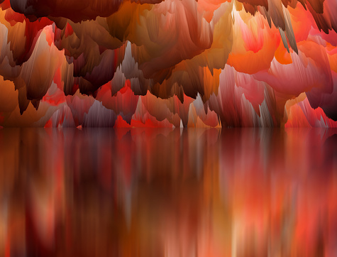 Abstract Landscape, surreal lake and reflections. art, creativity and imagination. 3d illustration.