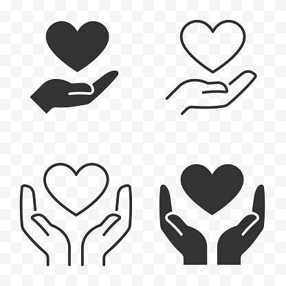 Hands holding heart icon. Charity and love shape in palms symbol.  Relationship sign. Easily editable line art on transparent background. Vector stock illustration.