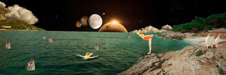 Contemporary art collage. Futuristic summer vacation in fantastic place. Young girls swimming in lake. Planets on starry sky. Futurism, creativity, imagination, fantasy concept. Abstract surreal art