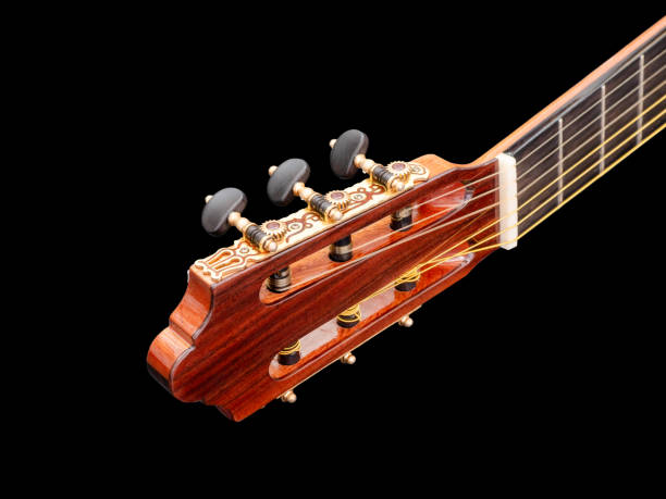 istock close up shot of  classical guitar tuning machine , open gear, Selective Focus, black background 1513408935