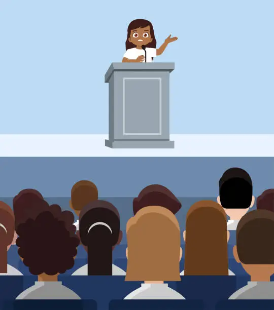 Vector illustration of Cute little black girl gives a speech on the podium about bullying and racism emotional.